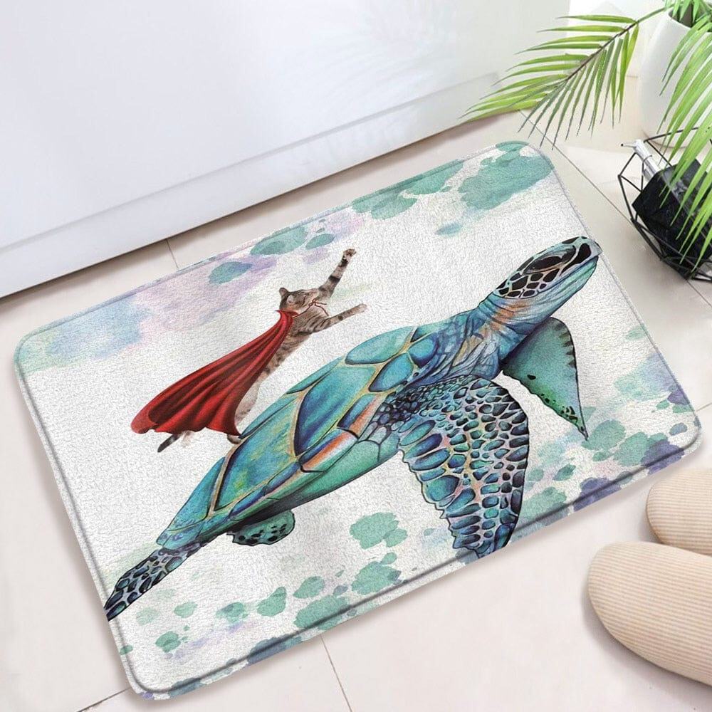 Superhero Cat Riding Turtle Bath Mat.