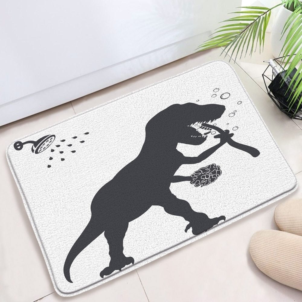 Funny dinosaur bath mat with shower design, perfect for kids or dinosaur lovers.