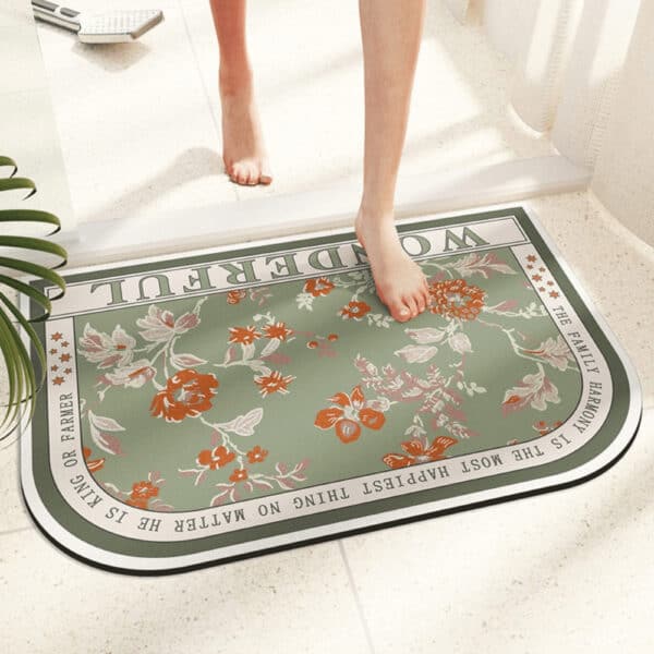 Orchid floral bath mat with inspirational quote, cozy bathroom decor.