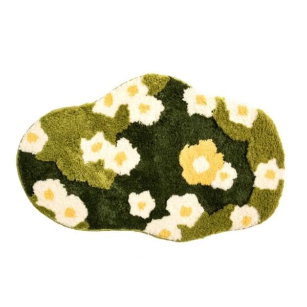 Organic bath mat with floral pattern in green, white, and yellow.