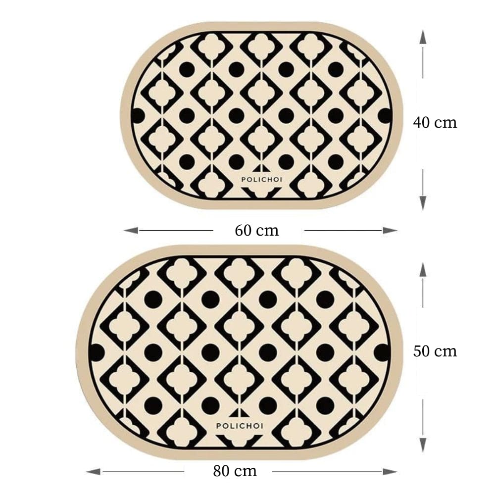 Oval bath mat dimensions 60x40cm and 80x50cm with geometric pattern.