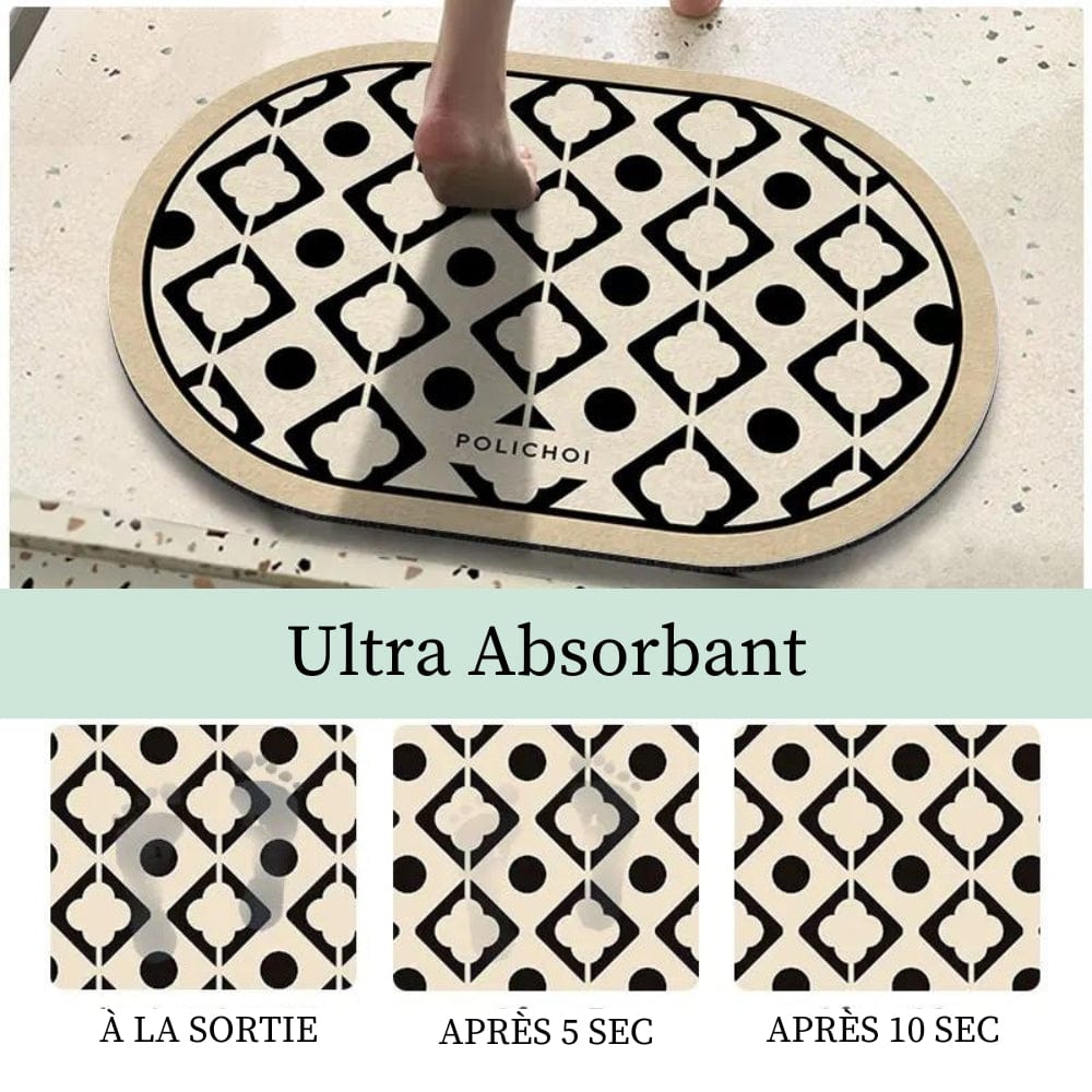 Oval bath mat with black and white geometric pattern, ultra absorbent, Polichoi brand.