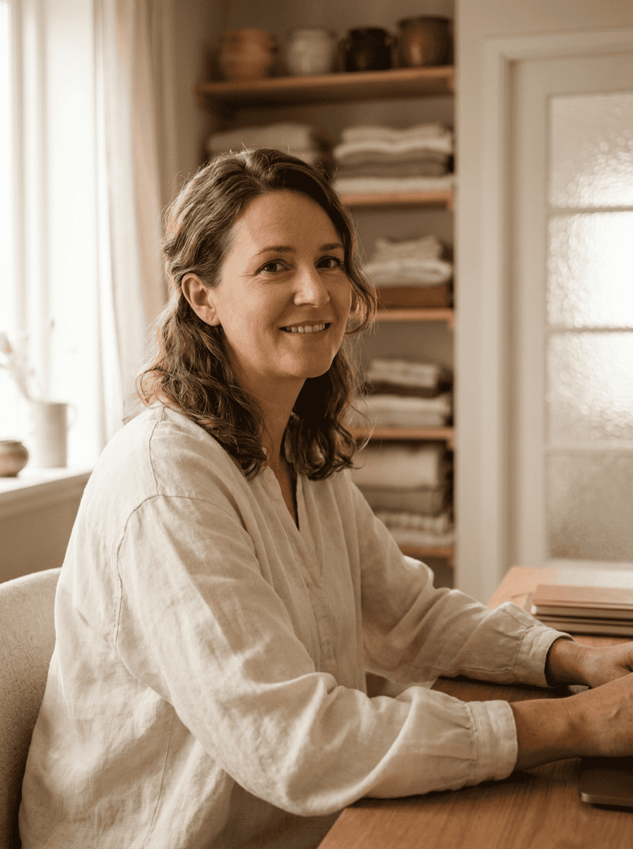 Woman smiling in cozy home office with bath towels on shelves.
