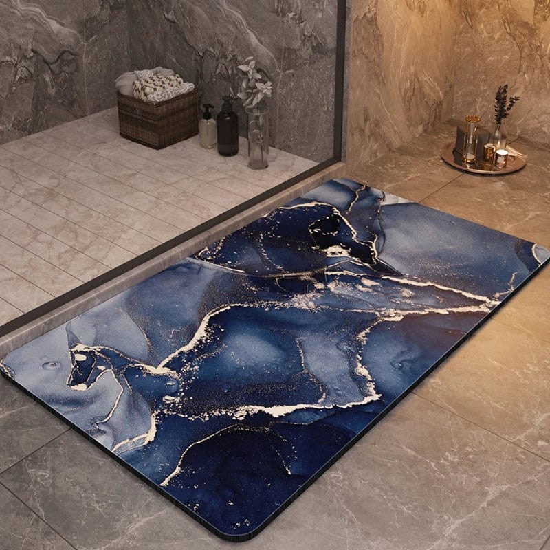 Blue marble pattern non-slip bath mat for luxury bathroom.
