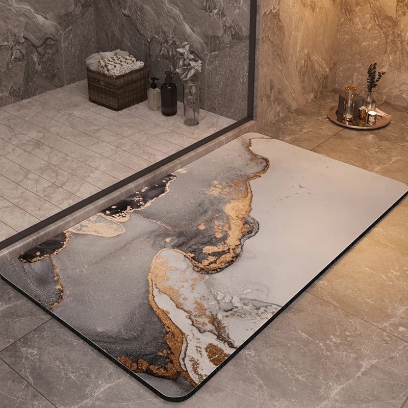 Luxury non-slip bath mat with gold and grey marble design for modern bathrooms.
