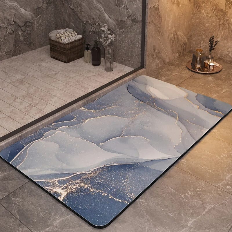 Luxury non-slip bath mat with blue marble design for modern bathroom.