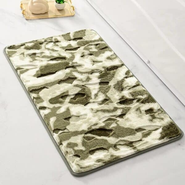 Shaggy camouflage bath mat for bathroom comfort and style.
