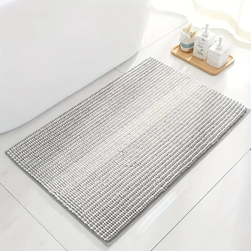 Small Chenille Bath Mat for Bathroom, Grey Textured Non-Slip Rug.