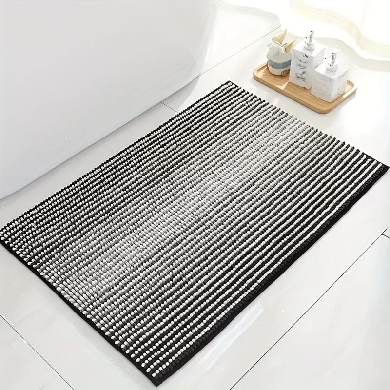 Small Chenille Bath Mat with Black and White Stripes for Bathroom.