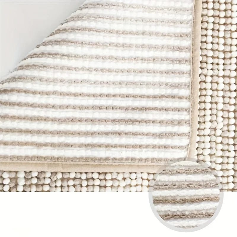 Small Chenille Bath Mat with striped beige and white texture.