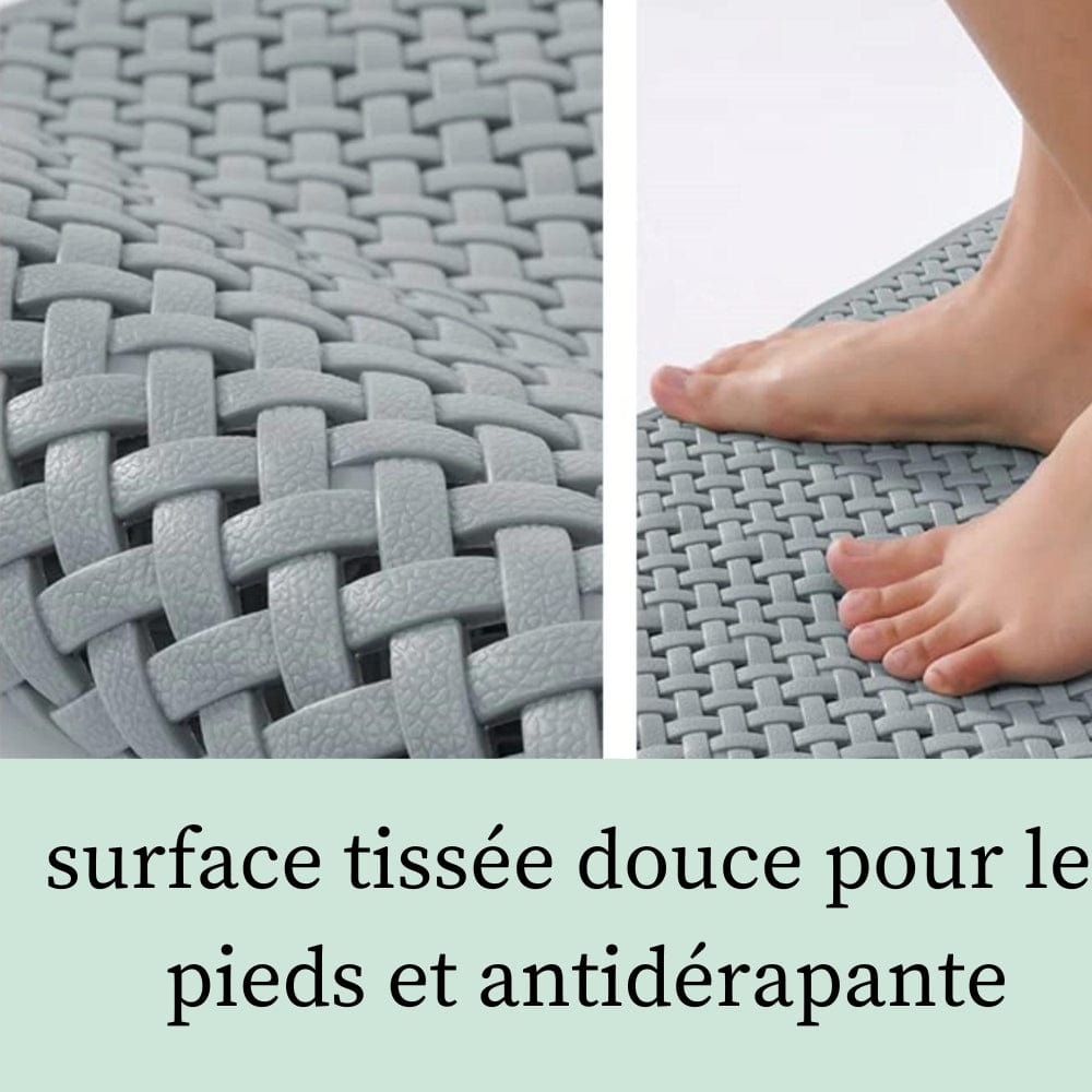 Soft woven shower bath mat with non-slip surface for feet comfort.