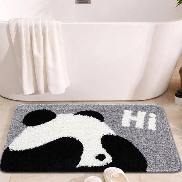 Teddy Bear Bath Mat with 'Hi' Text, Cute Panda Design for Kids Bathroom.