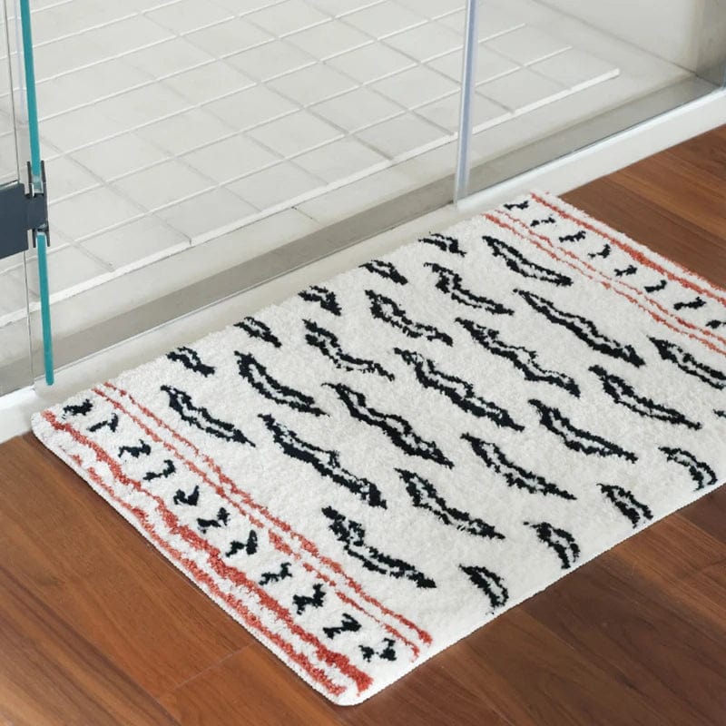 Tiger Print Bath Mat with Black and Red Tribal Design.