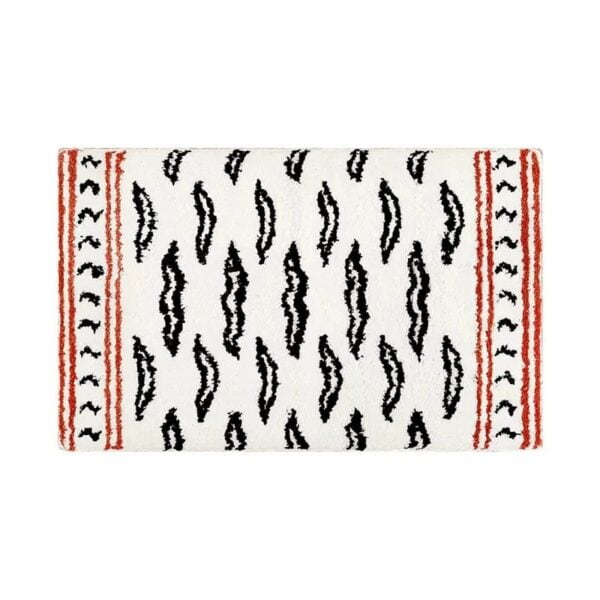 Tiger Print Bath Mat with Black Stripes and Red Borders.
