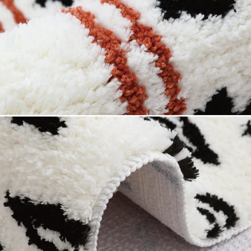 Tiger Print Bath Mat with plush white, black, and orange stripes.