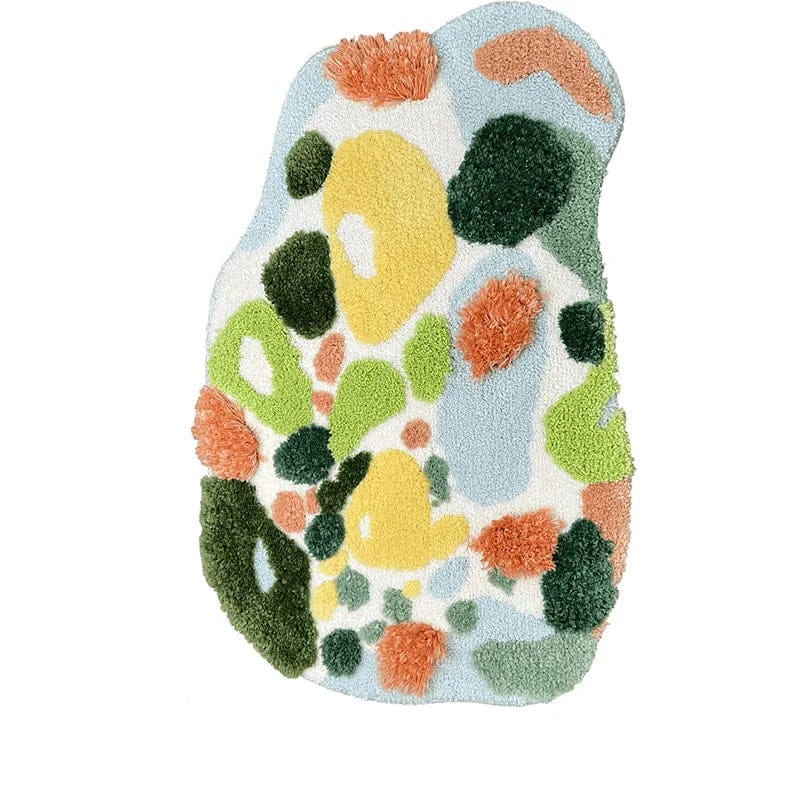 Colorful abstract bath mat with fluffy texture and vibrant green yellow orange accents.