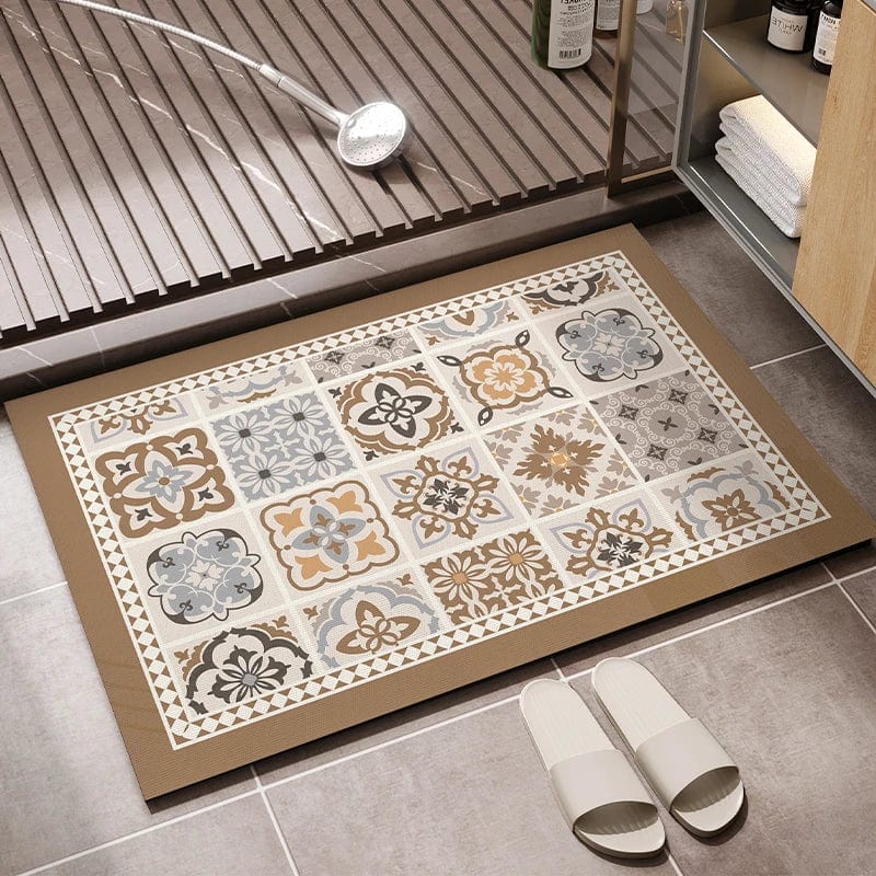 Vinyl Bath Mat with Floral Tile Pattern for Bathroom.