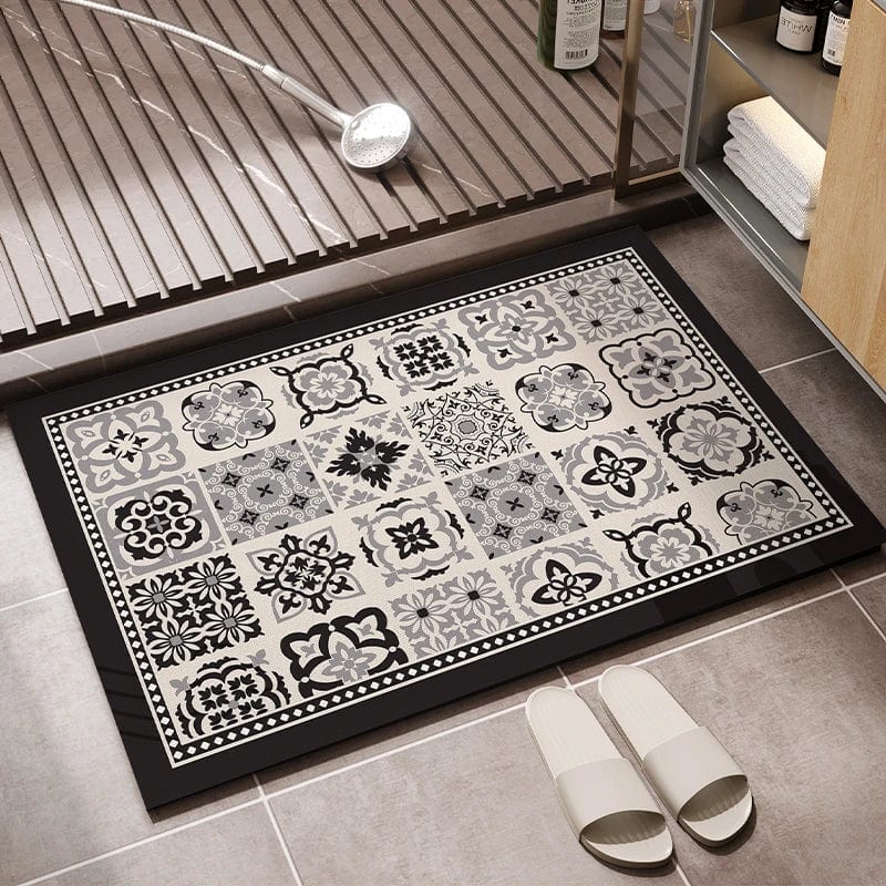 Vinyl Bath Mat with Black and White Floral Pattern for Bathroom.