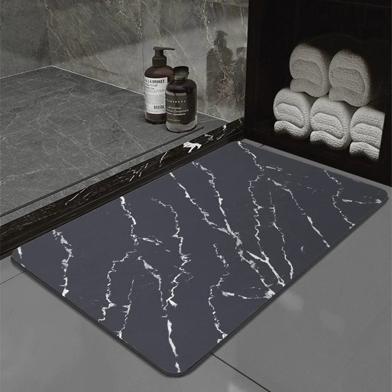 White marble pattern bath mat for modern bathroom decor.