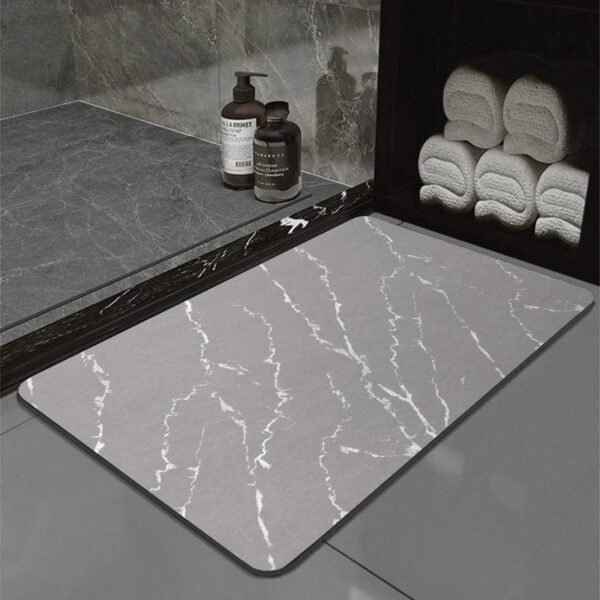 White marble pattern bath mat for modern bathroom.