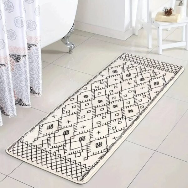Large geometric pattern bath mat for bathroom comfort and style.