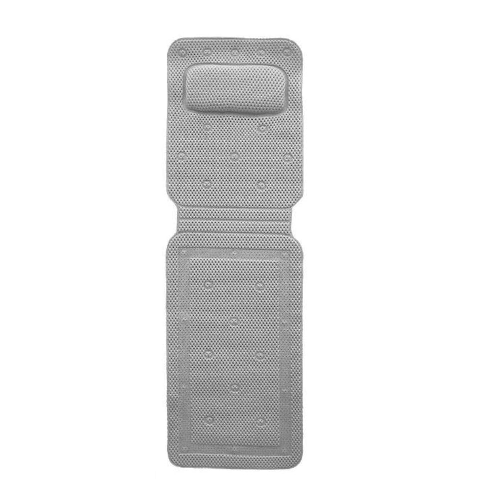XXL grey bath mat with textured grip and cushioned headrest.